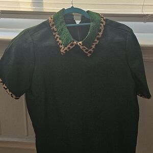 Women’s Green Collar Short-Sleeve Blouse with Leopard Trim
